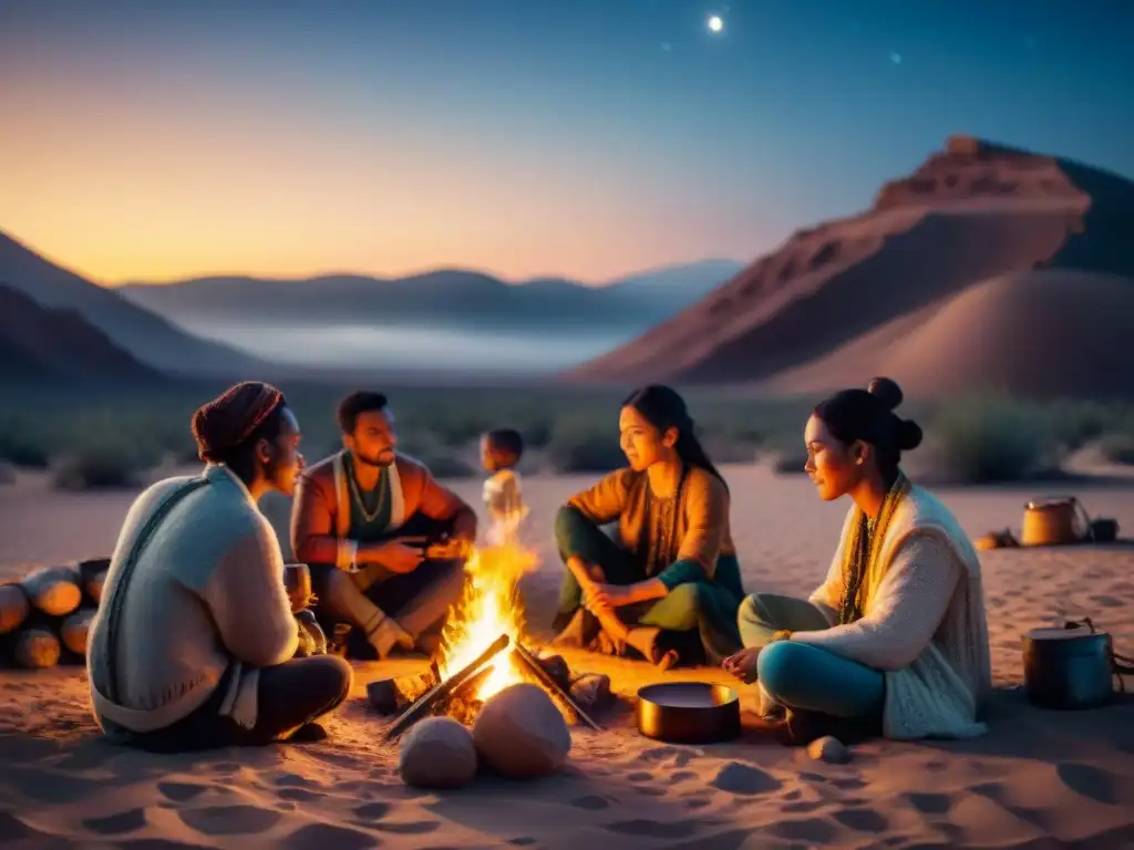 Jóvenes artistas reinterpretan música nómada alrededor de fogata en el desierto, tocando instrumentos tradicionales