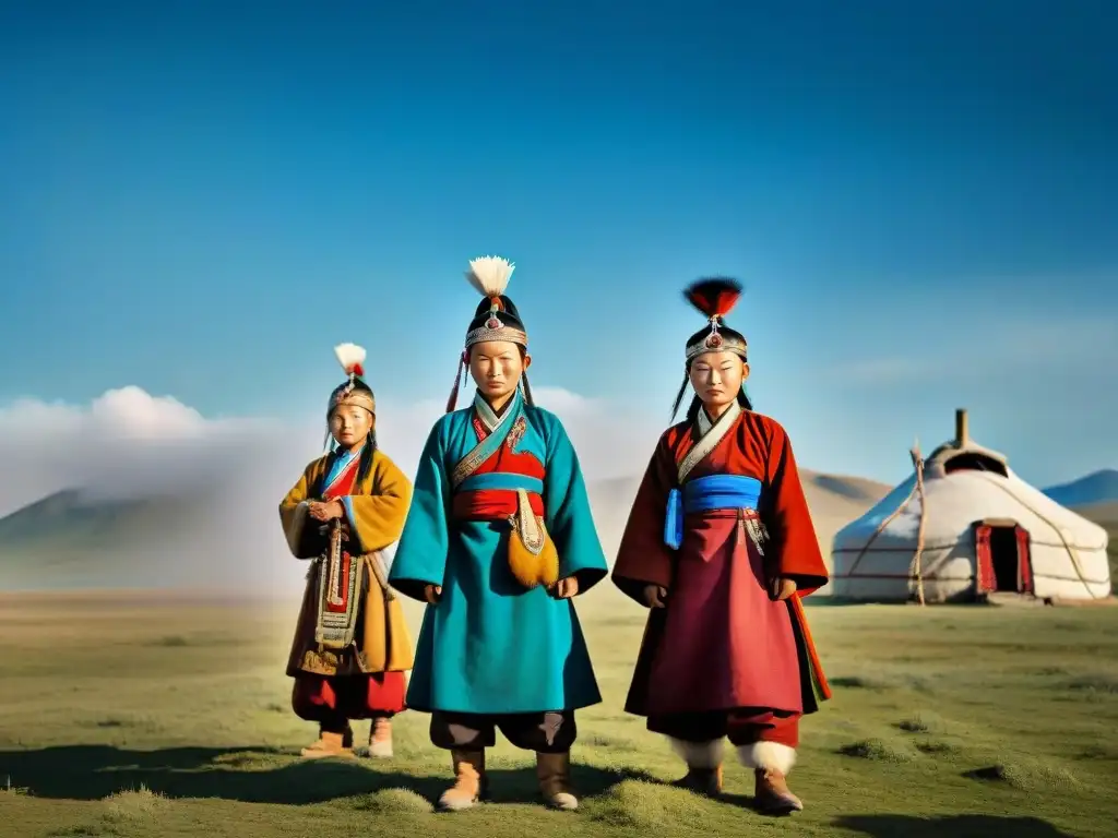 Jóvenes mongoles en la estepa, con atuendos tradicionales y objetos ceremoniales, reflejando la riqueza cultural de los pueblos nómadas de Asia