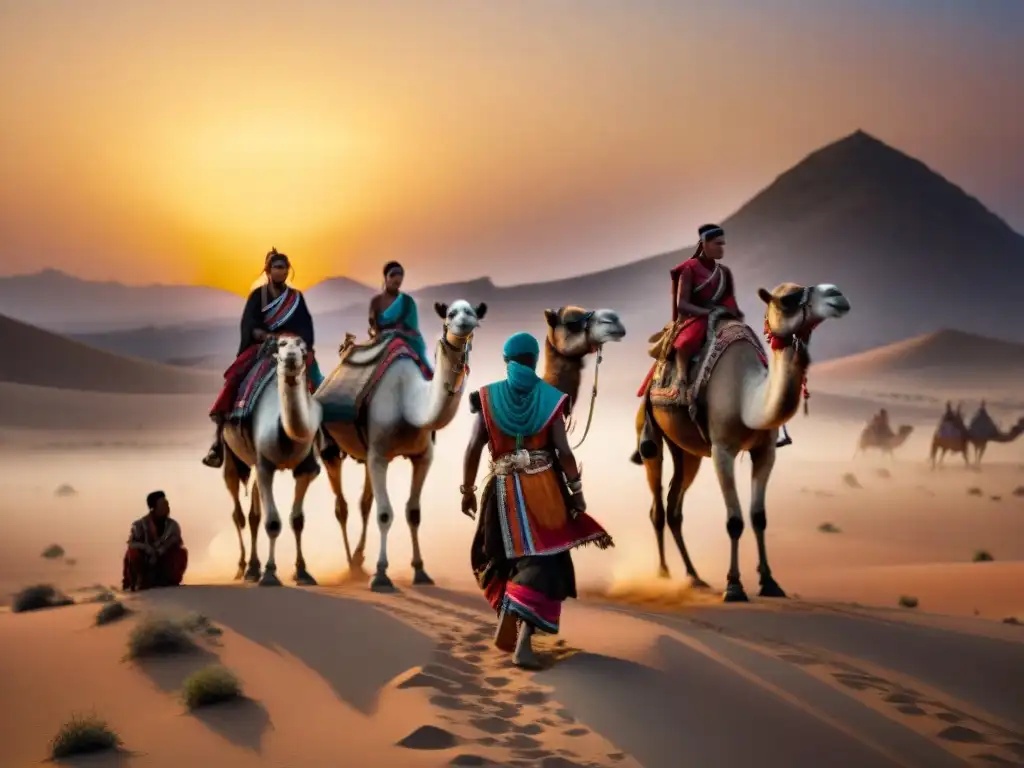 Jóvenes nómadas celebrando un rito de paso en tribus, en el desierto al atardecer