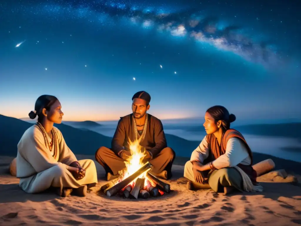 Jóvenes de tribu nómada alrededor de fogata, listos para ritos de iniciación bajo cielo estrellado