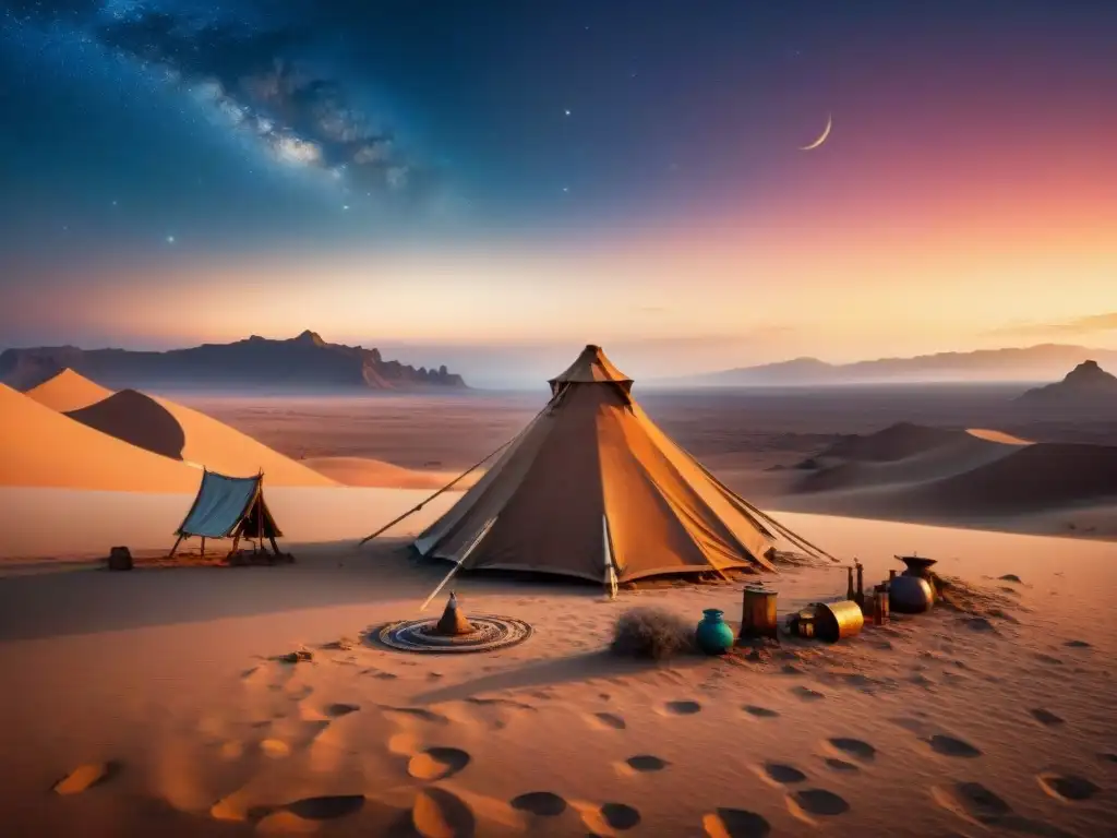 Legado astronómico de tribus nómadas: Campamento en desierto al atardecer, con herramientas antiguas y cielo estrellado