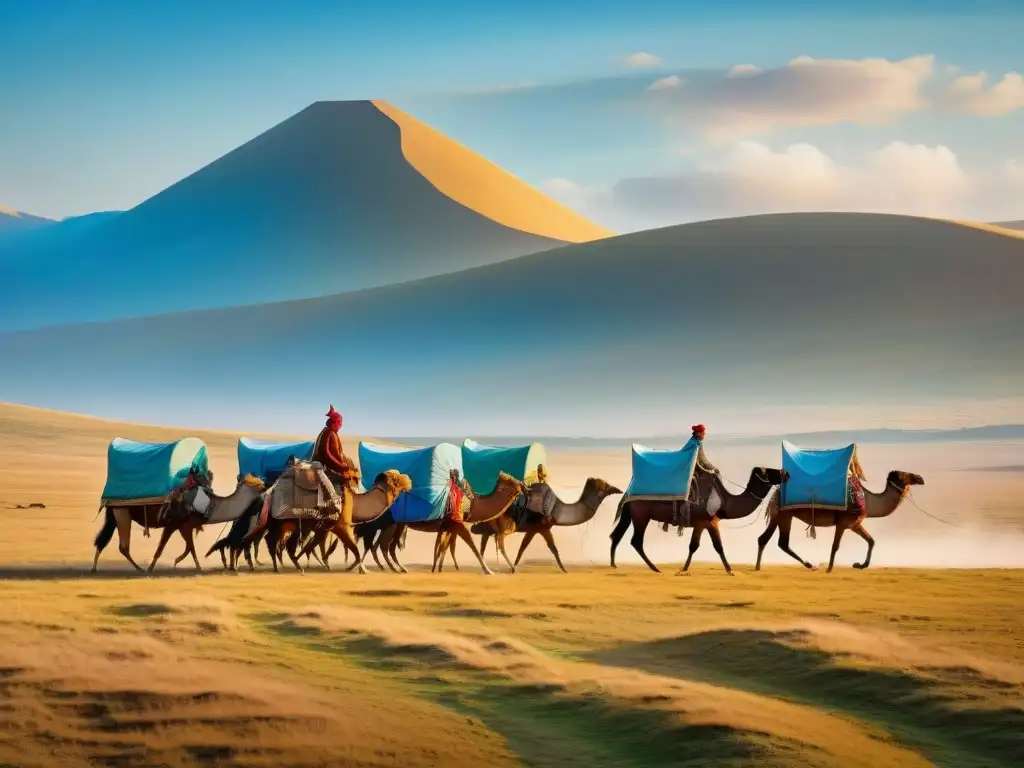 Legado nómada en las estepas: Pintura vintage de una caravana de nómadas recorriendo las vastas y doradas estepas bajo un cielo azul brillante