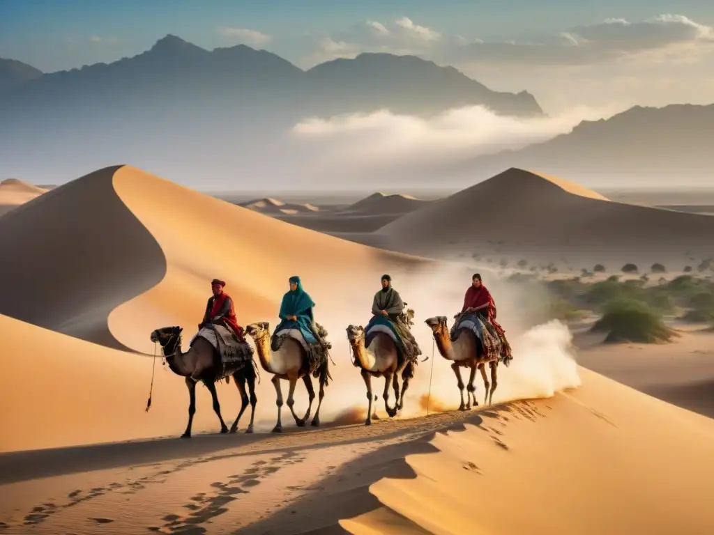 Legado nómada explorando territorios: grupo de nómadas en desierto, caminando con camellos bajo el sol ardiente