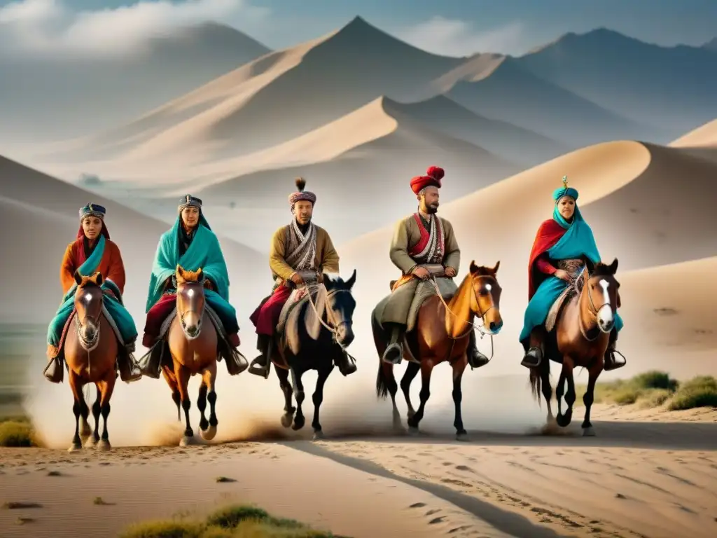 Viaje épico de tribus nómadas por la Ruta de la Seda Legado de las tribus nómadas en la Ruta de la Seda: cabalgando por paisajes áridos en un viaje lleno de historia y aventura