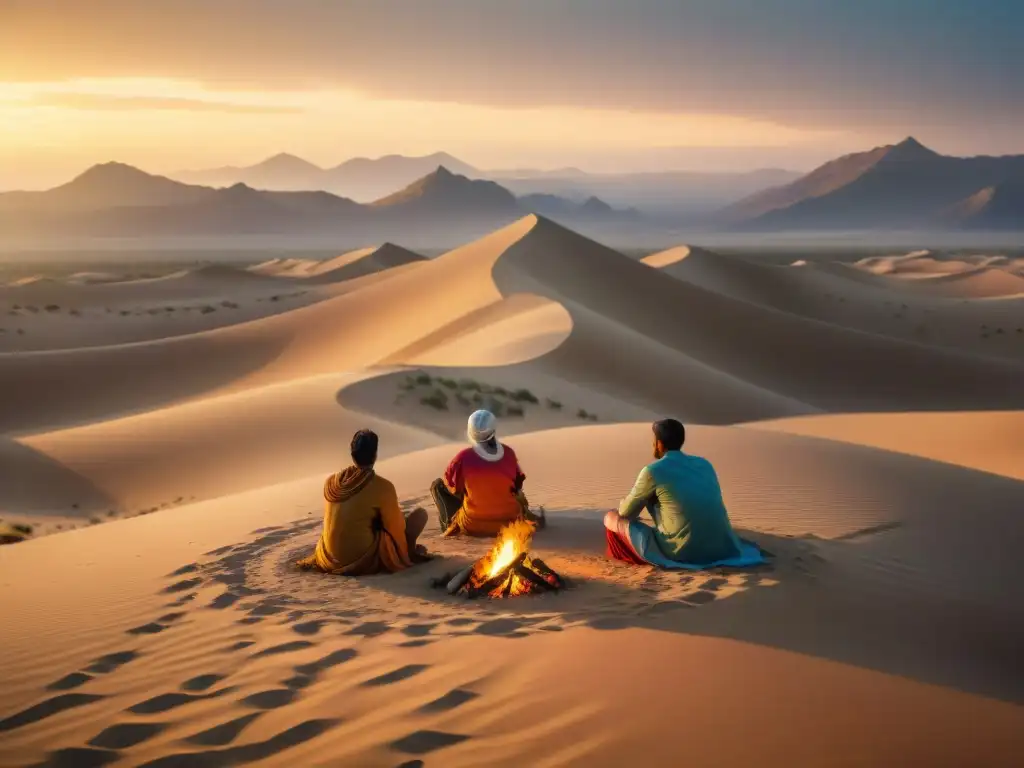 Legado de tribus nómadas inspirando: Tribus en desierto al atardecer, sabiduría y comunidad en torno a fogata