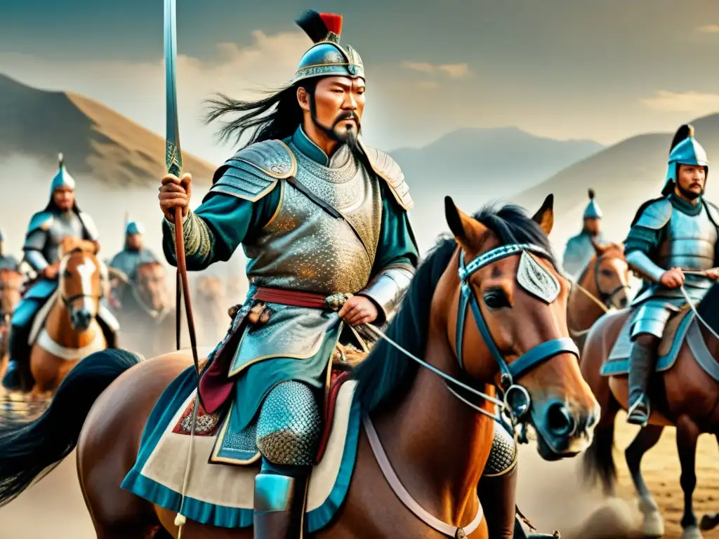 Dos legendarios líderes nómadas históricos, Attila y Genghis Khan, en una ilustración detallada liderando sus ejércitos en batalla