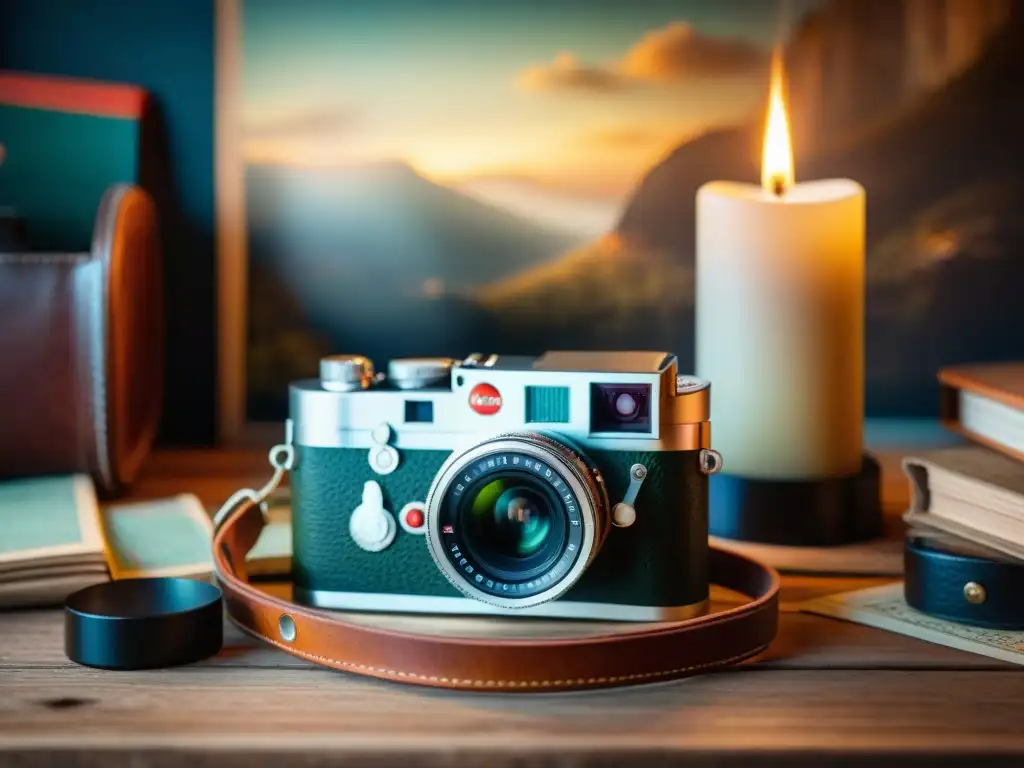 Una Leica vintage en una mesa de madera rodeada de mapas antiguos, correa de cuero y vela, evocando la vida nómada y la fotografía