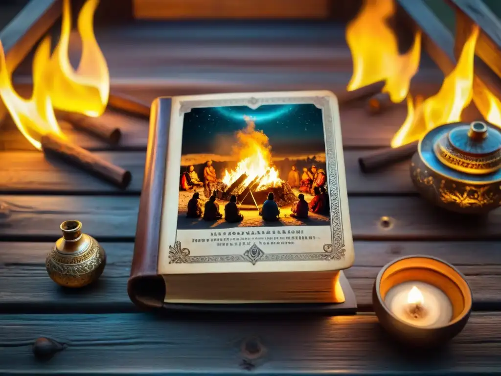 Un libro antiguo abierto en una mesa de madera, con ilustraciones de tribus nómadas en rituales espirituales bajo un cielo estrellado