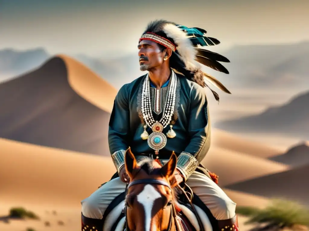Un líder carismático de tribu nómada en su caballo, con atuendo tradicional y expresión sabia, en un desierto vasto