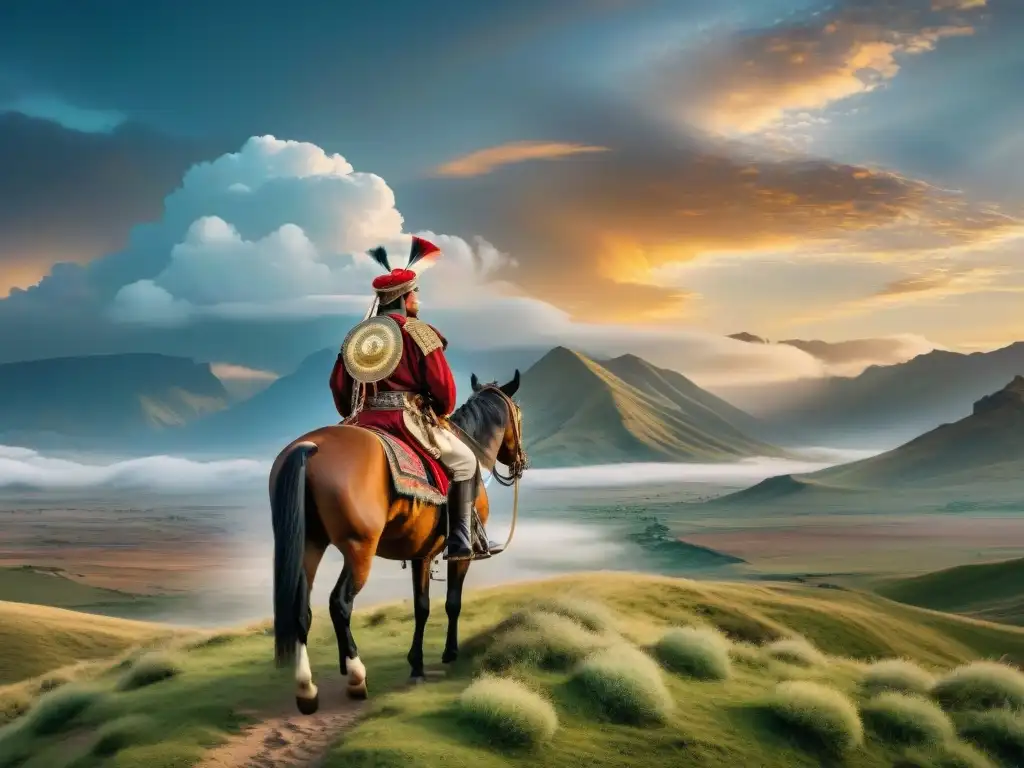 Líder de dinastía nómada en majestuoso caballo, admirando paisaje de estepas