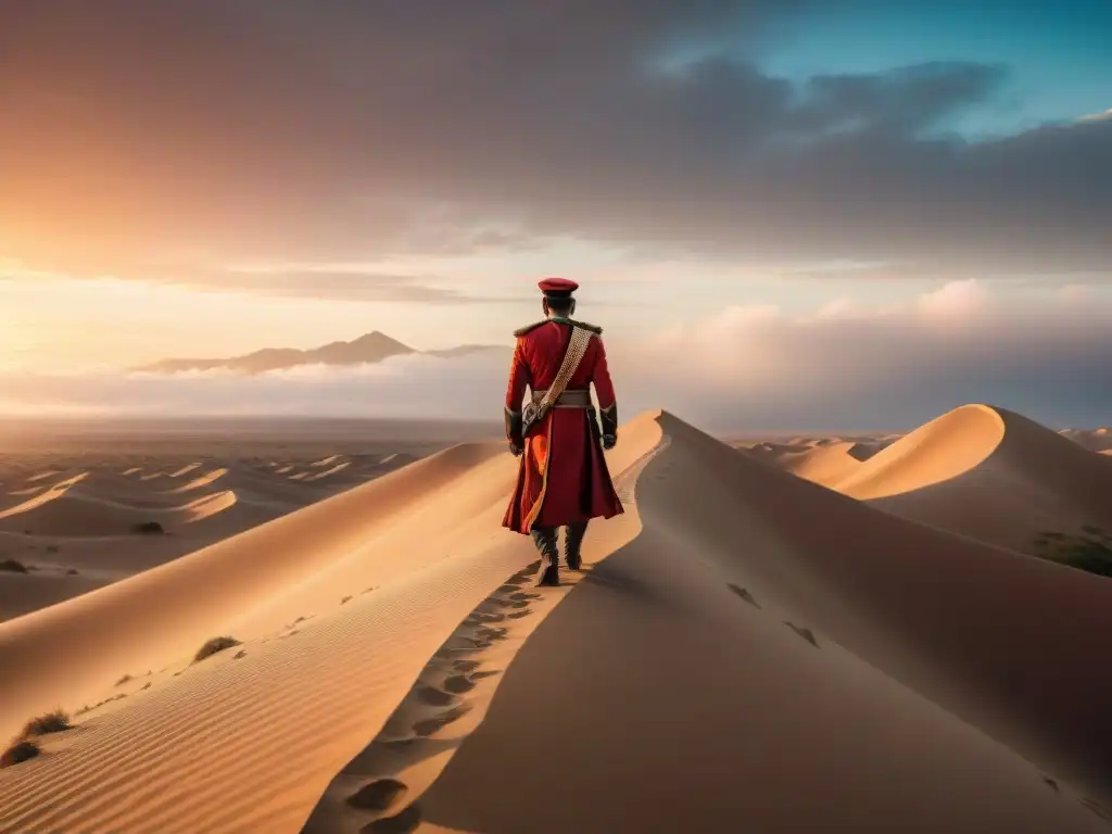 Un líder militar nómada en un paisaje desértico al atardecer, reflejando liderazgo en tribus nómadas militares