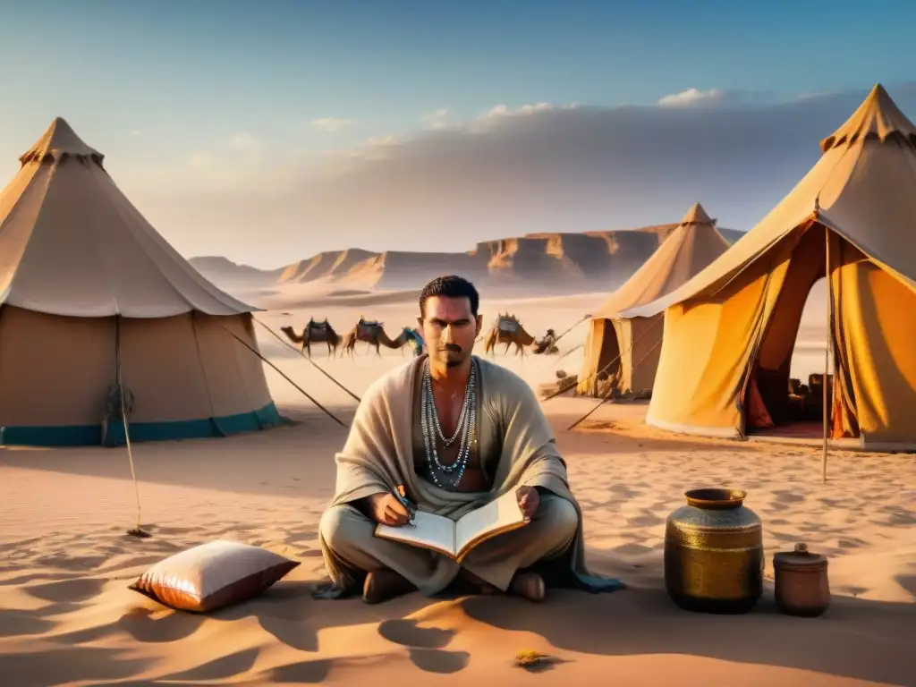 Líder nómada en campamento desértico, escribiendo en cuaderno de cuero rodeado de tribus