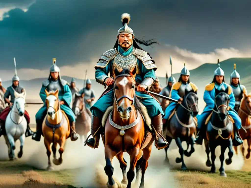 Líder nómada Genghis Khan, guerreros en armadura, cabalgan en llanuras con tormenta