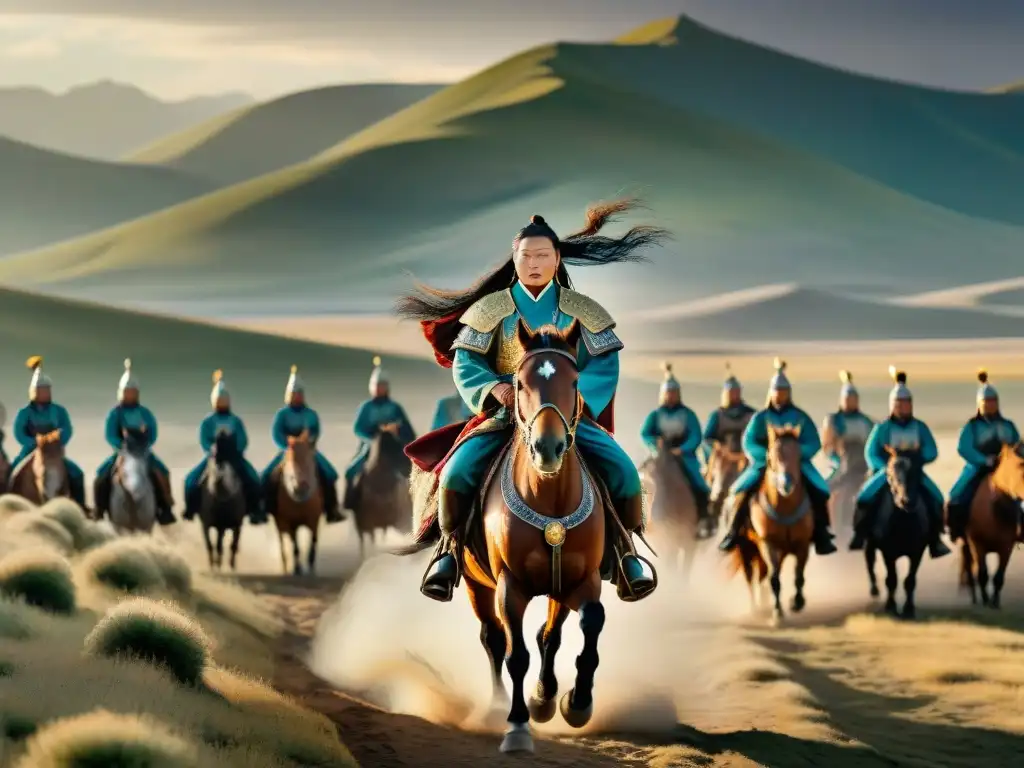 Líder nómada Genghis Khan cabalga con su ejército al atardecer en las vastas estepas mongoles