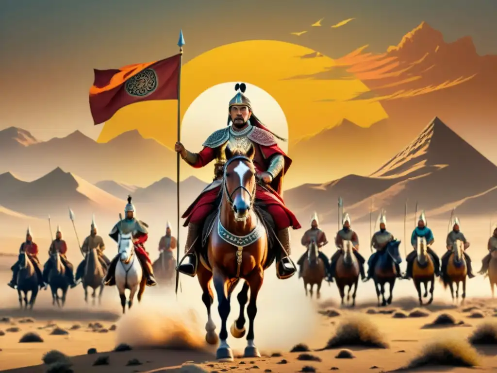 Un líder nómada en su majestuoso caballo dirige un ejército en la estepa al atardecer