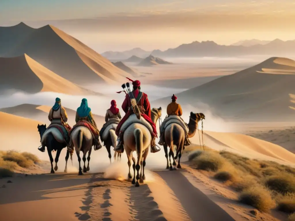 Un líder nómada en un paisaje de estepa, con seguidores y caravanas, evocando historia y ascensos