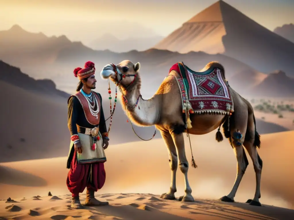 Líder nómada con símbolos de estatus culturas nómadas junto a majestuoso camello en desierto