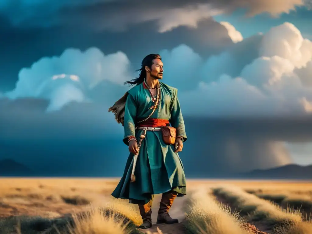 Un líder nómada en la estepa, desafiando tormentas con determinación