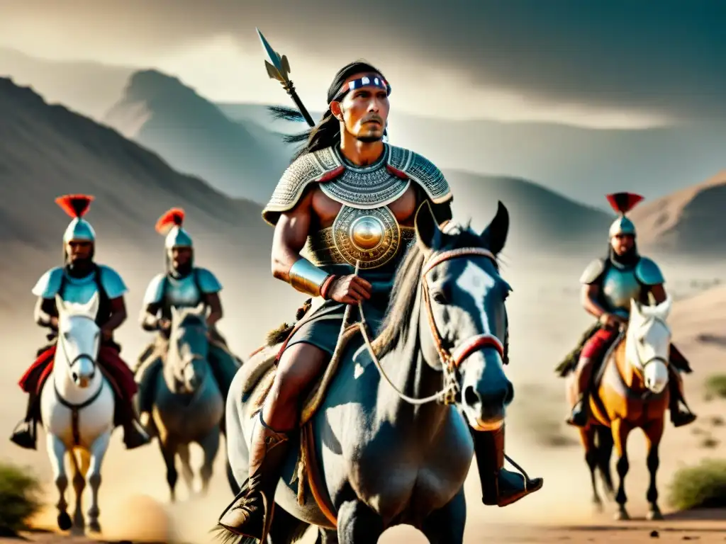 Un líder tribal en caballo, rodeado de guerreros nómadas determinados, en un paisaje desértico