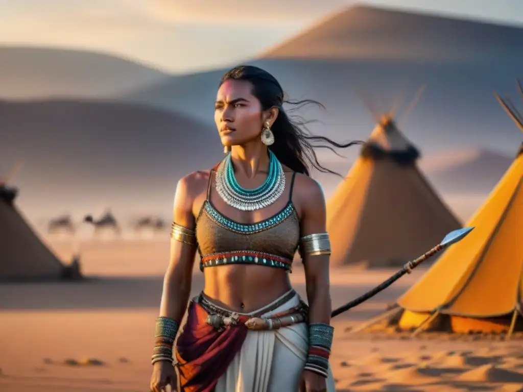Una líder tribal fuerte en el desierto al atardecer, representando los roles mujeres tribus nómadas con gracia y poder