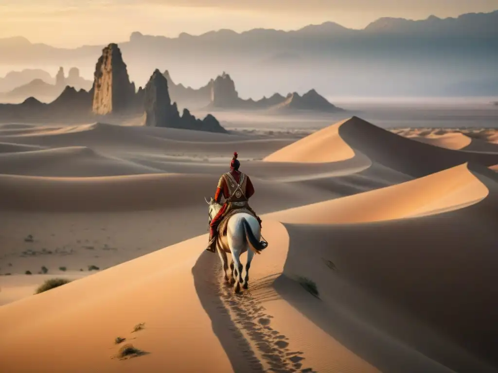 Un líder tribal nómada en caballo guiando su tribu por el desierto al atardecer, reflejando autoridad y sabiduría