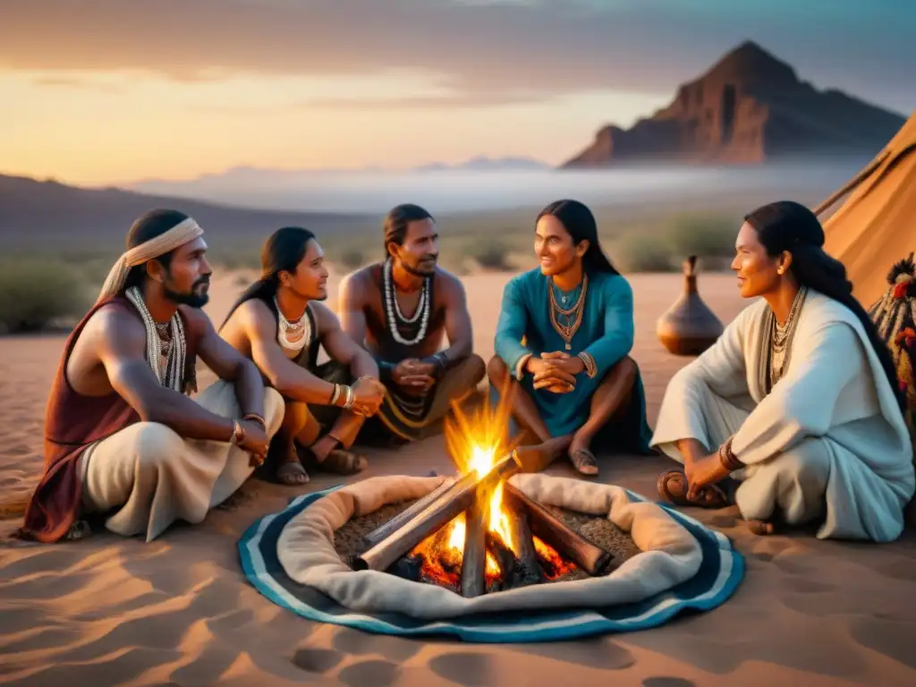 Un líder tribal destaca en una reunión alrededor de una fogata al atardecer en el desierto