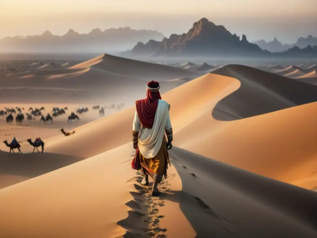 El líder de una tribu nómada en la cima de una duna, rodeado de tiendas y camellos, mostrando sabiduría y diplomacia al atardecer en el desierto