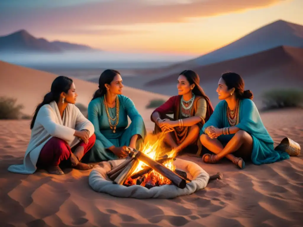 Liderazgo femenino en tribus nómadas: Mujeres líderes en el desierto, reunidas alrededor de una fogata al anochecer, expresando sabiduría y unidad