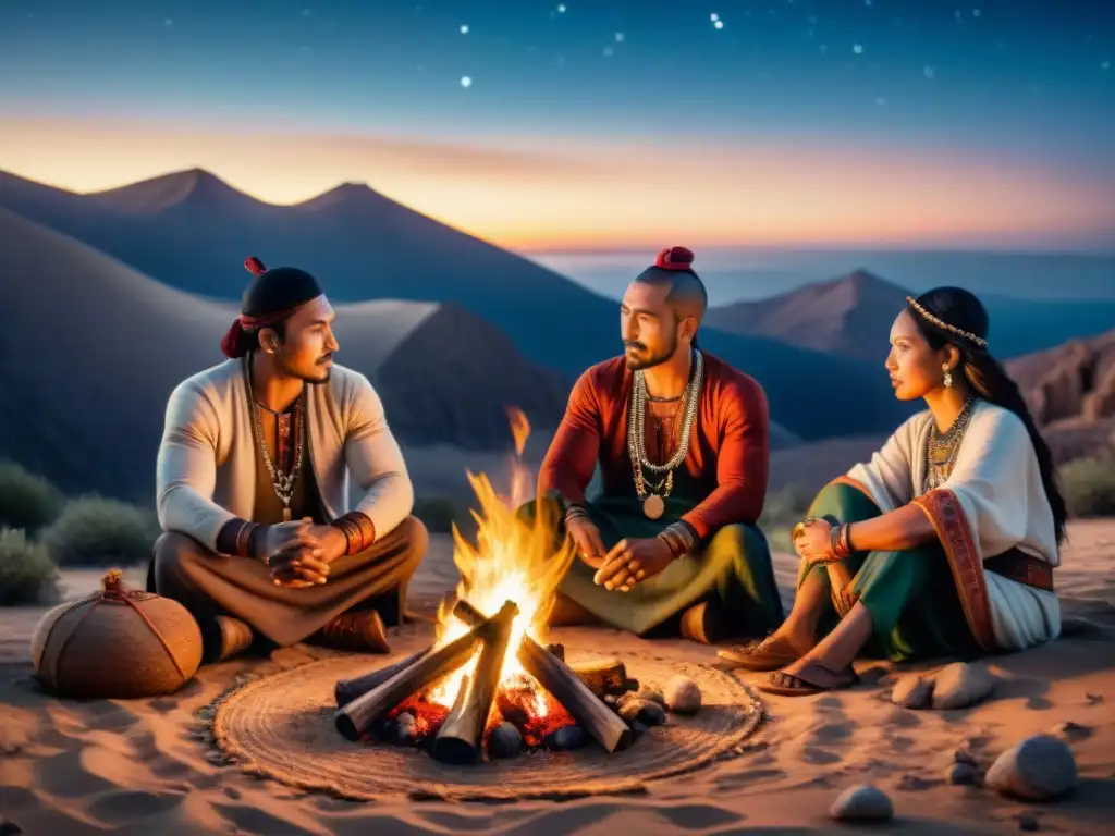 Líderes nómadas negocian alianzas, pactos y traiciones alrededor de la fogata en el desierto estrellado