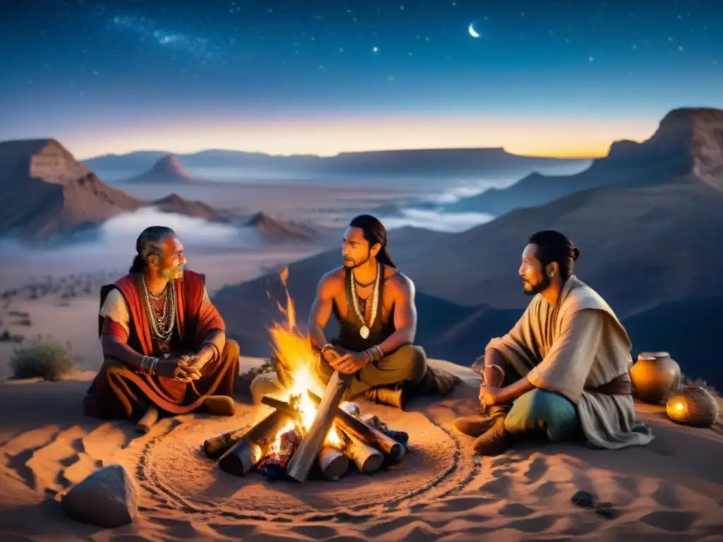 Consejo de líderes nómadas bajo el cielo estrellado Transformación de líderes nómadas guerreros en profunda conversación alrededor de una hoguera bajo un cielo estrellado