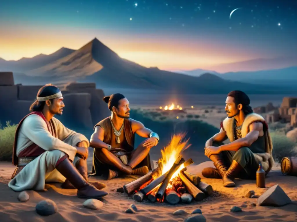 Líderes nómadas: Estrategias bajo las estrellas Líderes nómadas guerreros en transformación, reunidos alrededor de la hoguera bajo un cielo estrellado en el desierto