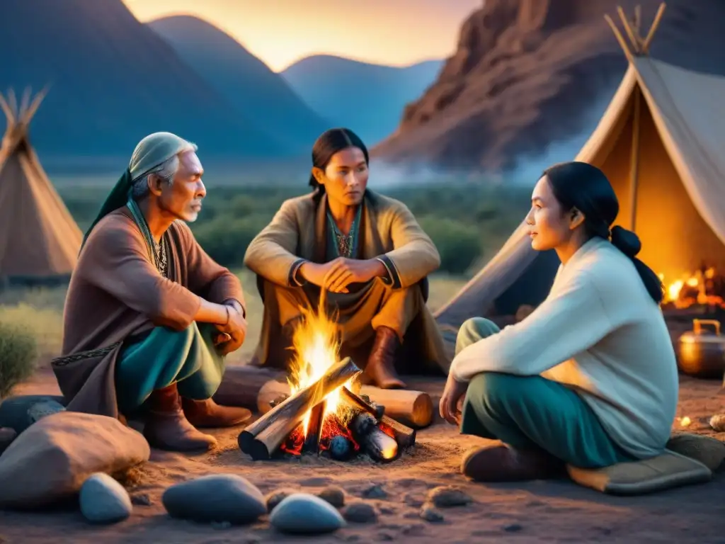 Líderes nómadas comparten historias alrededor del fuego, evocando sabiduría y camaradería en las vastas estepas