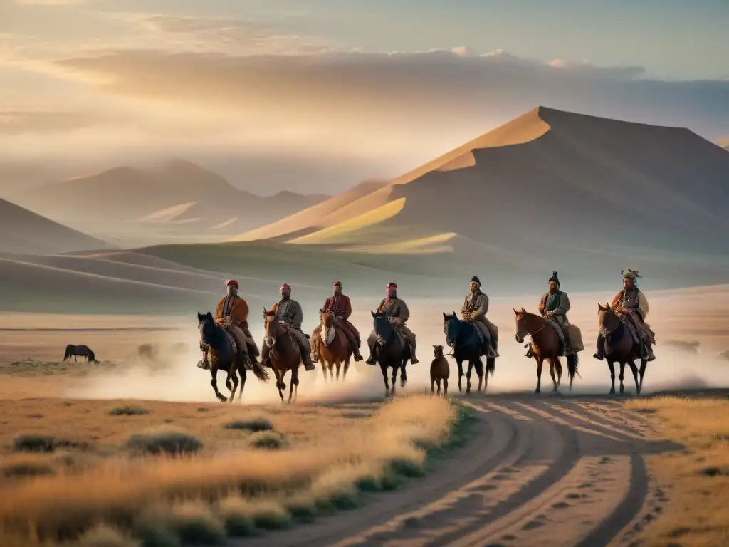 Líderes nómadas en la vasta estepa al atardecer, transmitiendo poder y legado en la historia