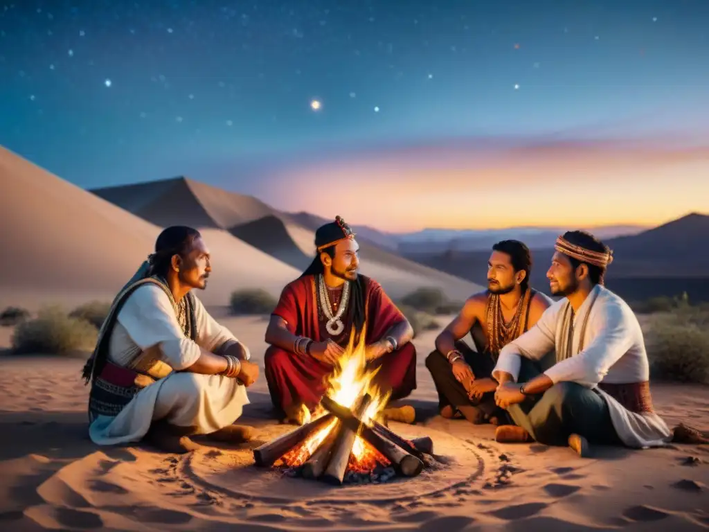 Alianzas tribales bajo las estrellas: líderes nomádicos en el desierto Líderes tribales nómadas forjan estrategias de alianzas en el desierto bajo un cielo estrellado
