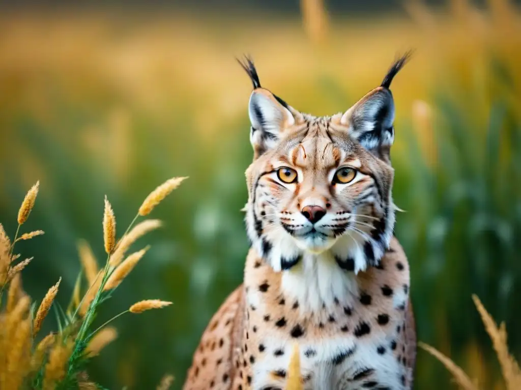 Un lince euroasiático camuflado en la alta hierba dorada de la estepa, mostrando estrategias de camuflaje en fauna esteparia