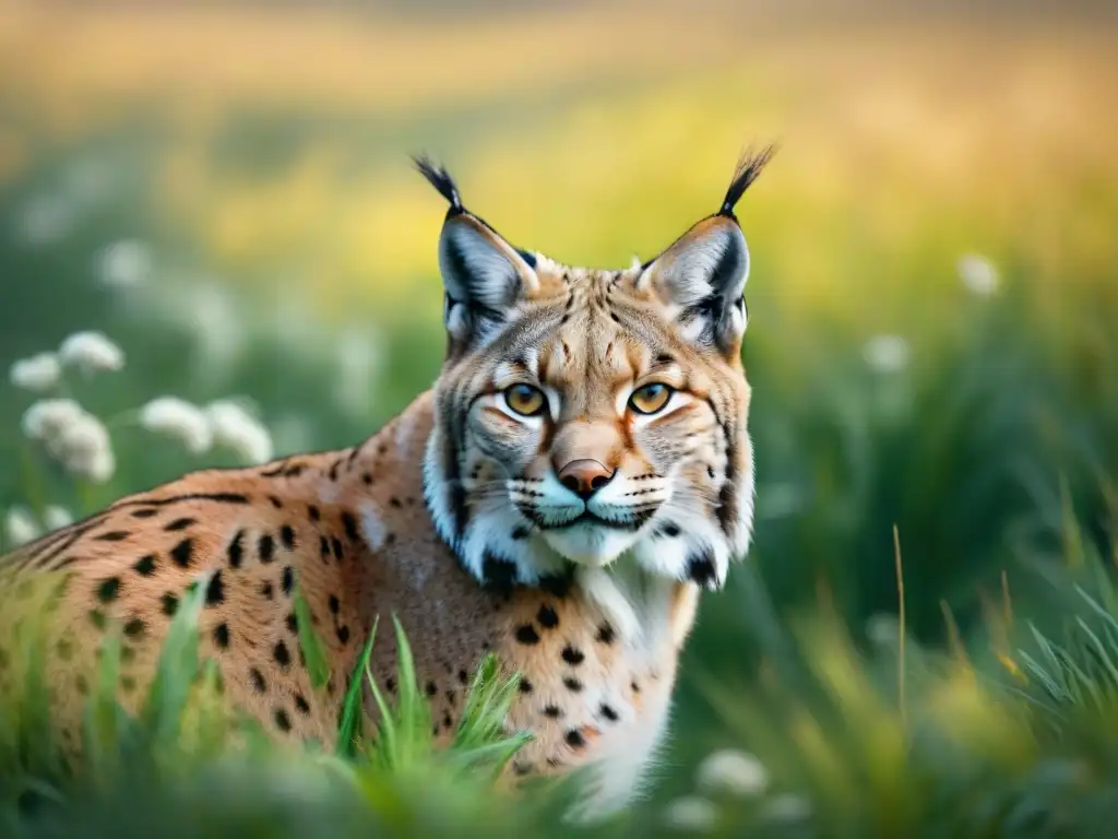 Un lince euroasiático se camufla perfectamente en su hábitat estepario, demostrando la increíble técnica de camuflaje en fauna esteparia