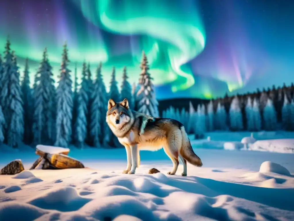 Un lobo escandinavo majestuoso entre símbolos rúnicos, en bosque nevado bajo auroras boreales, evocando el significado lobo mitología nómada