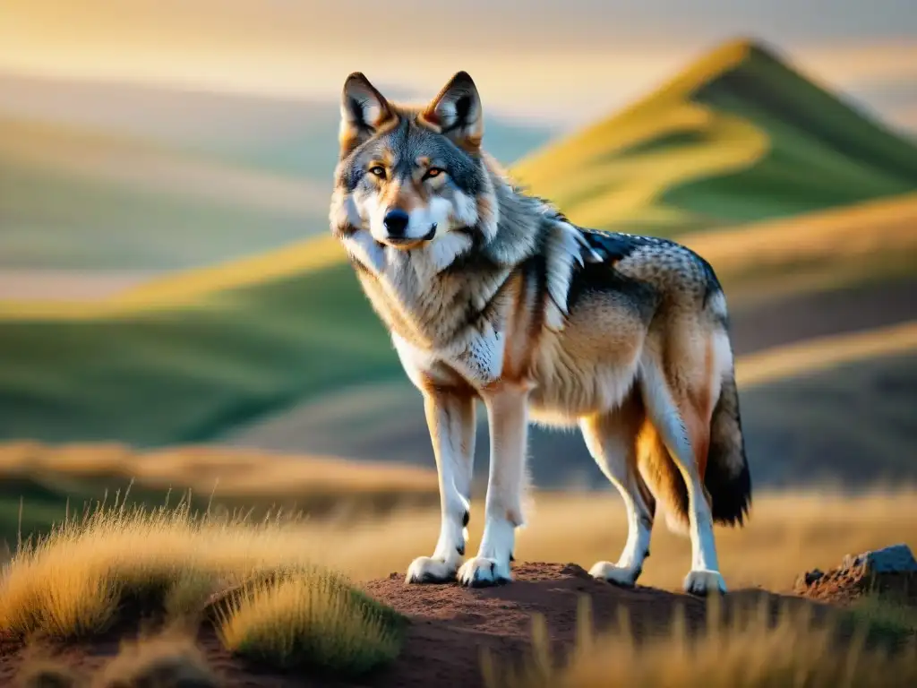 Un lobo estepario majestuoso en las praderas al atardecer, reflejo de los animales emblemáticos tribus nómadas