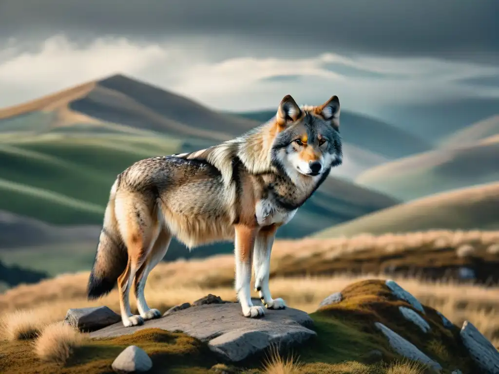 Un lobo euroasiático majestuoso destaca en las vastas estepas, resaltando la importancia del lobo en estepas