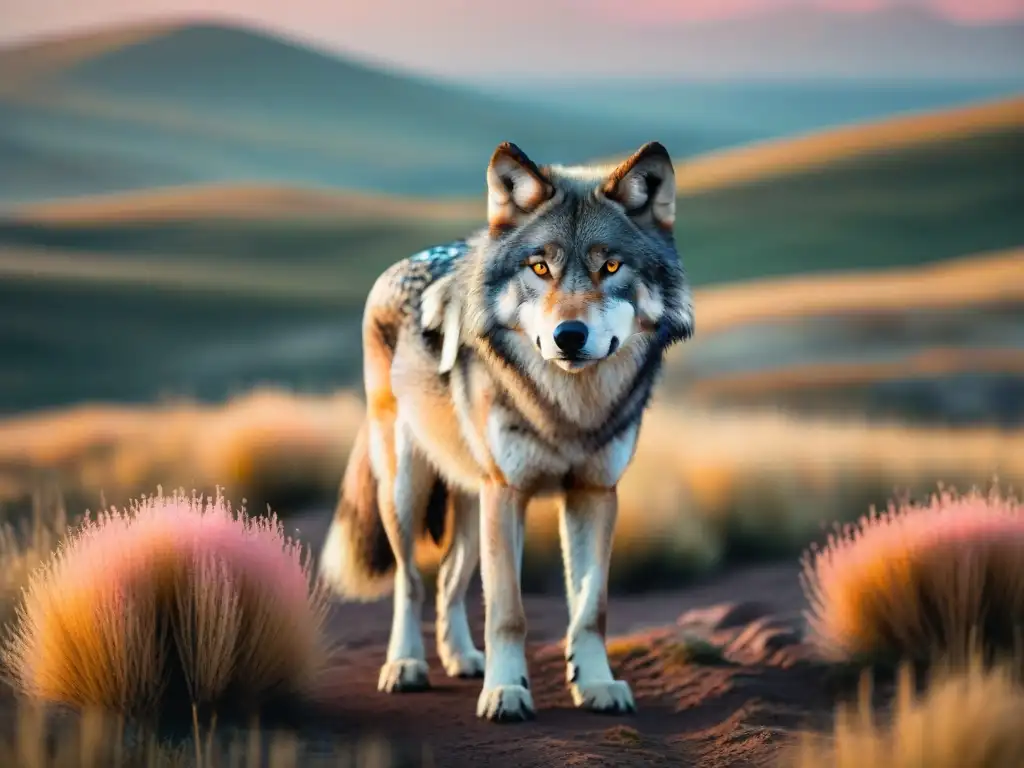 Un lobo gris majestuoso destaca en la vasta estepa, mostrando la importancia del lobo en estepas