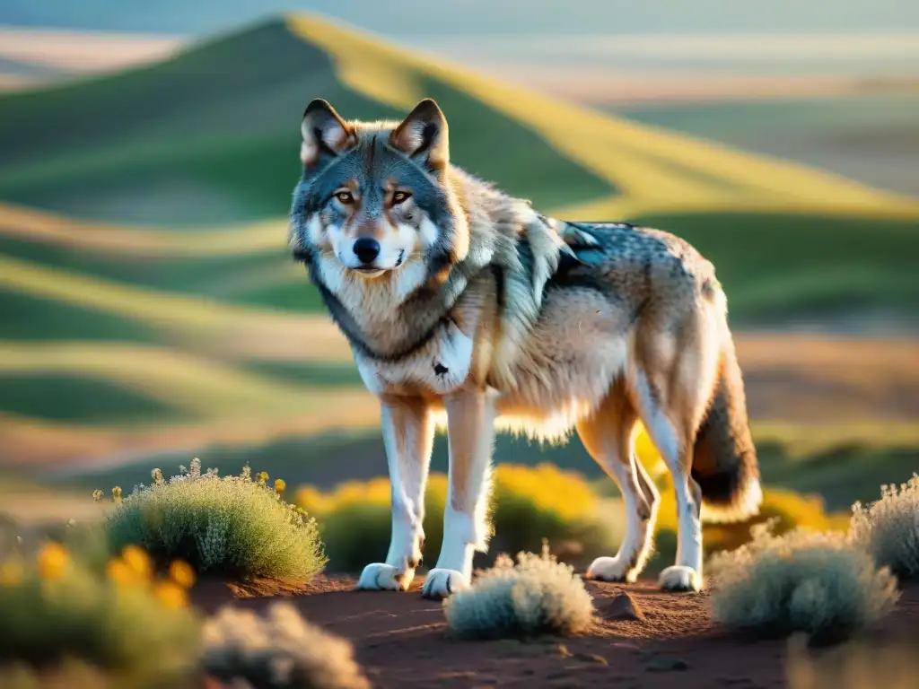Un lobo majestuoso destaca en la extensa estepa, resaltando la importancia del lobo en este ecosistema diverso