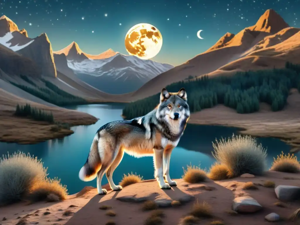 Un lobo majestuoso en un paisaje nómada, conectando con la mitología y el significado de la cultura