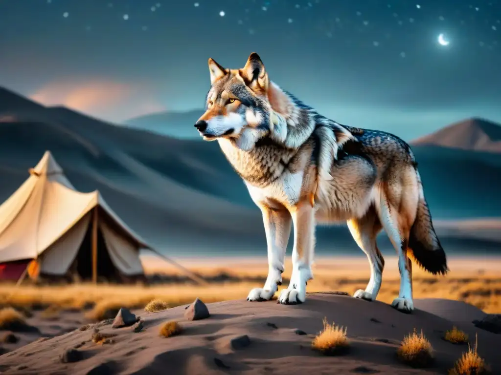 Lobo majestuoso en estepa estrellada Un lobo majestuoso en la estepa, reflejo de la mitología nómada
