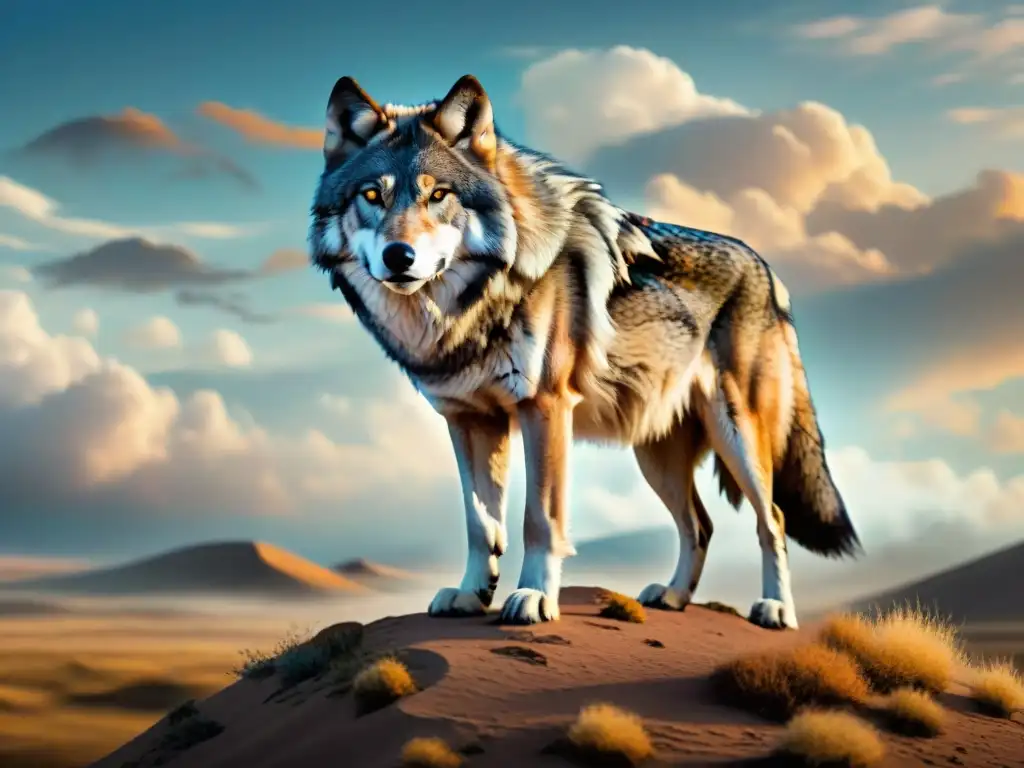 Ilustración detallada de lobo majestuoso en estepa Un lobo majestuoso en la estepa, rodeado de siluetas de nómadas y cielos nublados