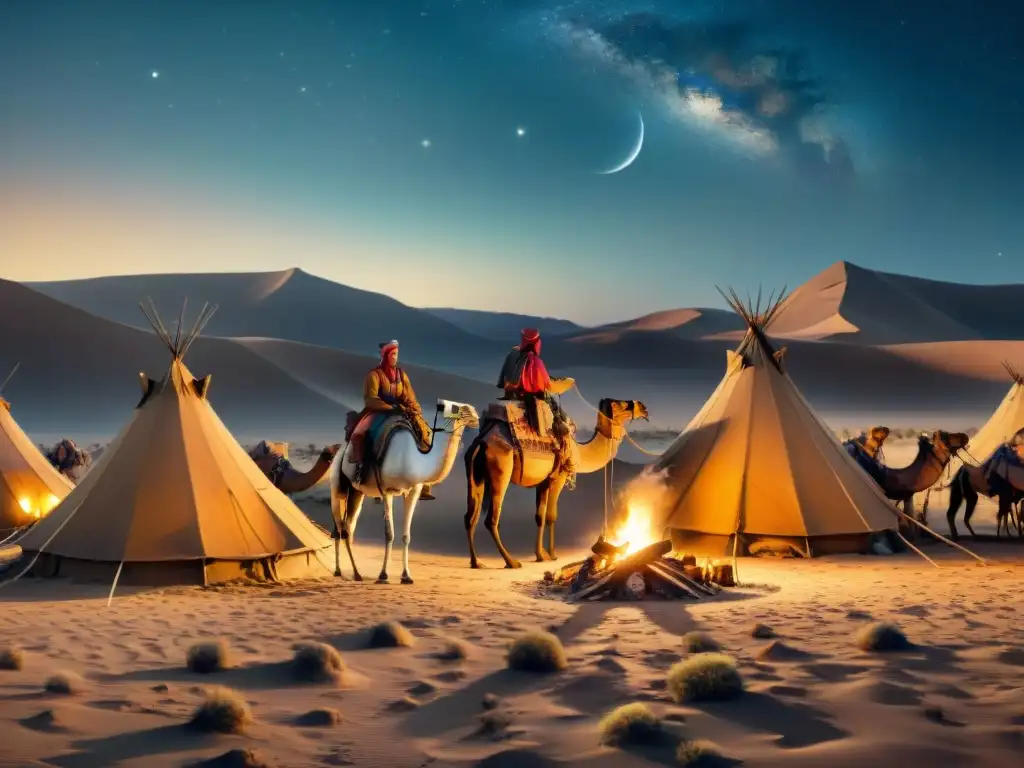 Logística nómada en largas campañas: tribu en campamento nocturno en desierto, gestionando recursos con autenticidad histórica