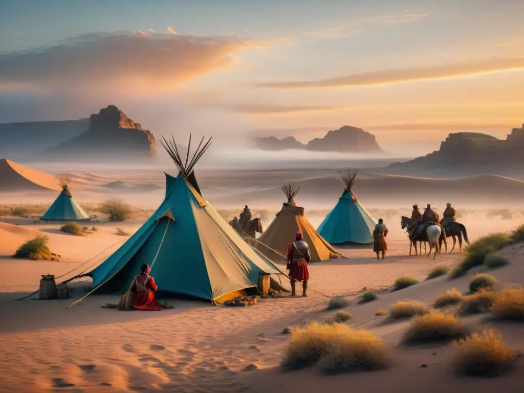 La lucha de culturas: tribu nómada frente a la conquista, atardecer en el desierto