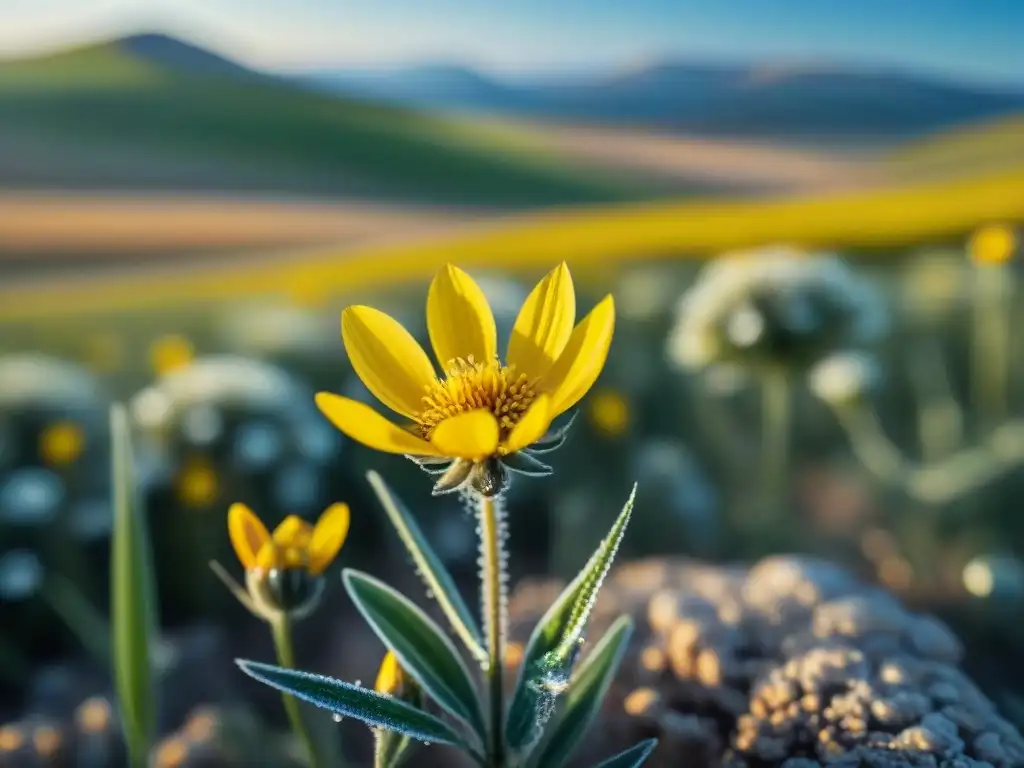 Macrofotografía de una flor amarilla en la estepa, con rocío en los pétalos al sol de la mañana, tribus nómadas estepa