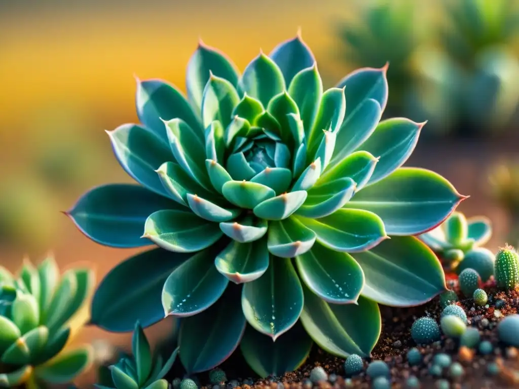 Macrofotografía de una planta suculenta verde vibrante en la estepa, con patrones detallados y gotas de rocío, con un insecto en una hoja