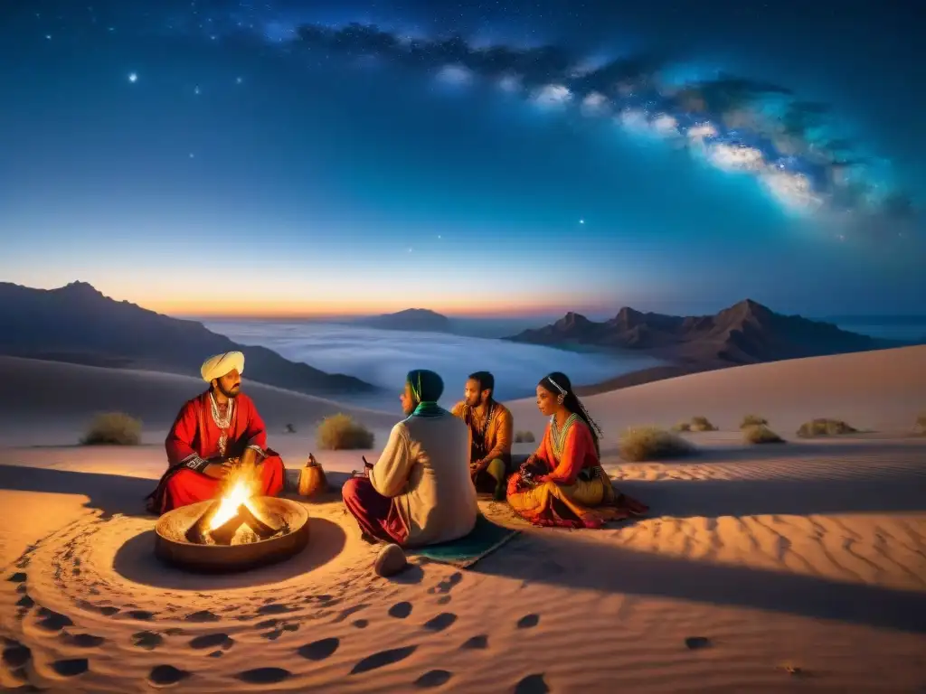 Maestros de música y danza nómadas actúan bajo un cielo estrellado en el desierto, iluminados por fogata