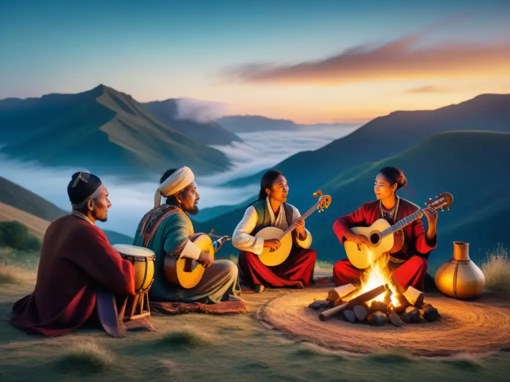 Maestros de música y danza nómadas interpretan bajo un cielo estrellado, rodeados de colinas y una fogata crepitante